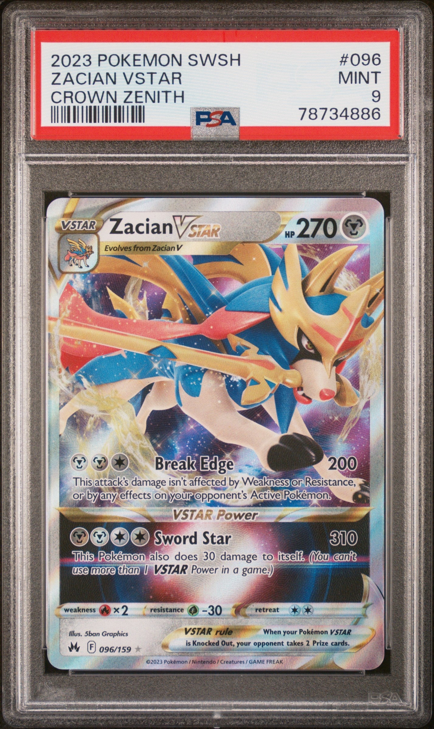2023 POKEMON SWORD AND SHIELD CROWN ZENITH ZACIAN VSTAR #96 PSA 9
