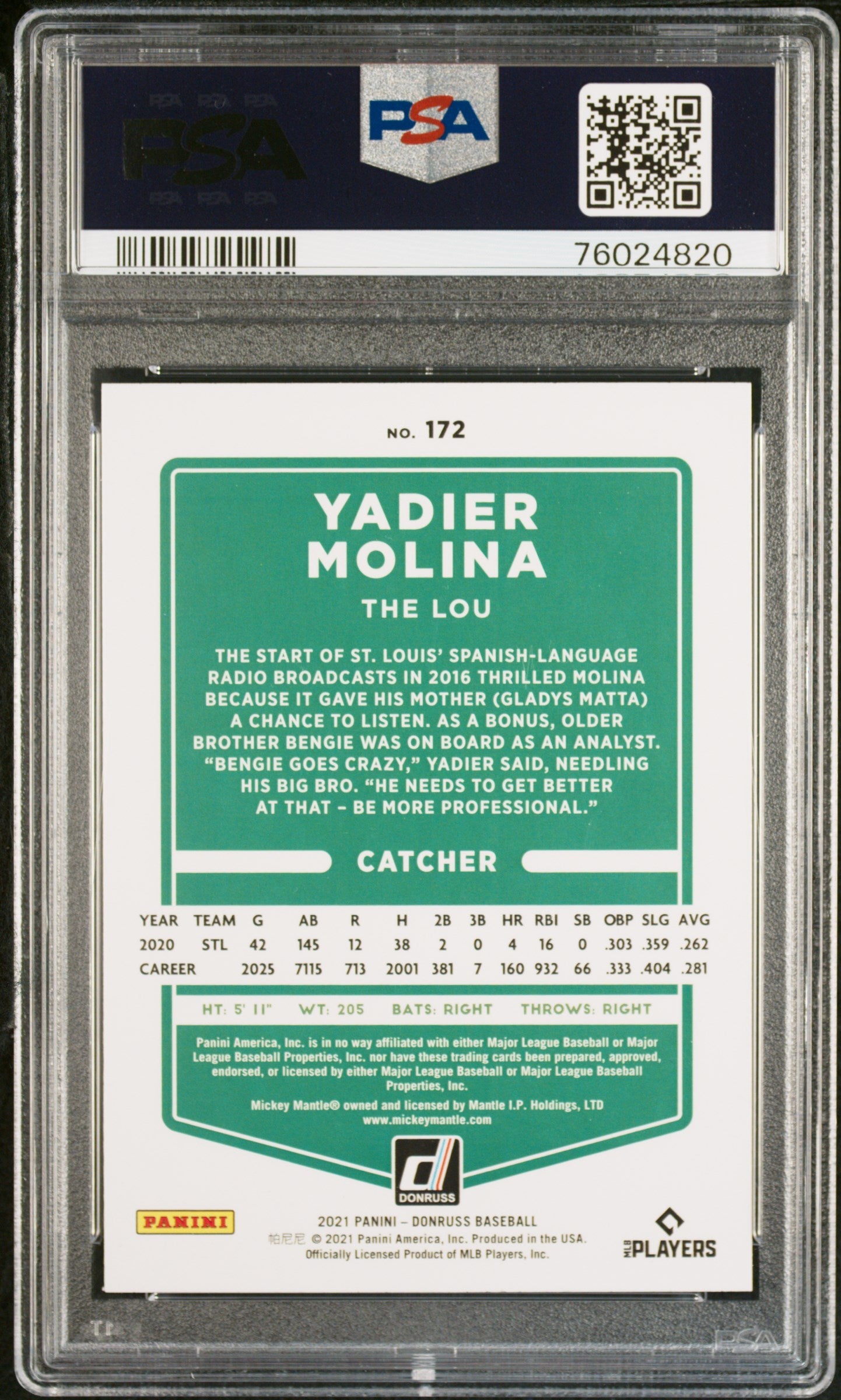 2021 PANINI DONRUSS YADIER MOLINA SP #172 - PSA 10