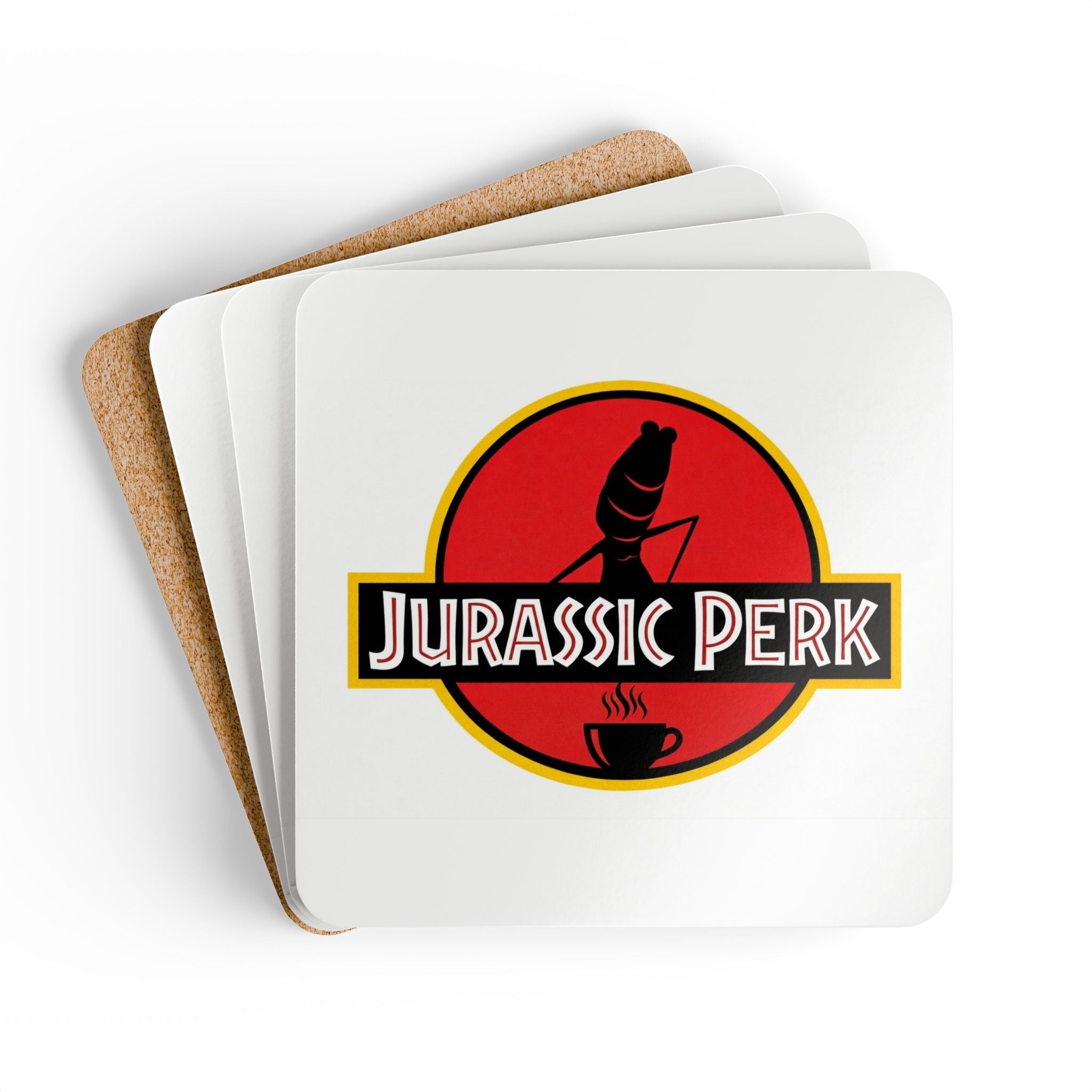Marcus the Worm Coasters — "Jurassic Perk" Coffee Logo Cork Coaster Set (4)
