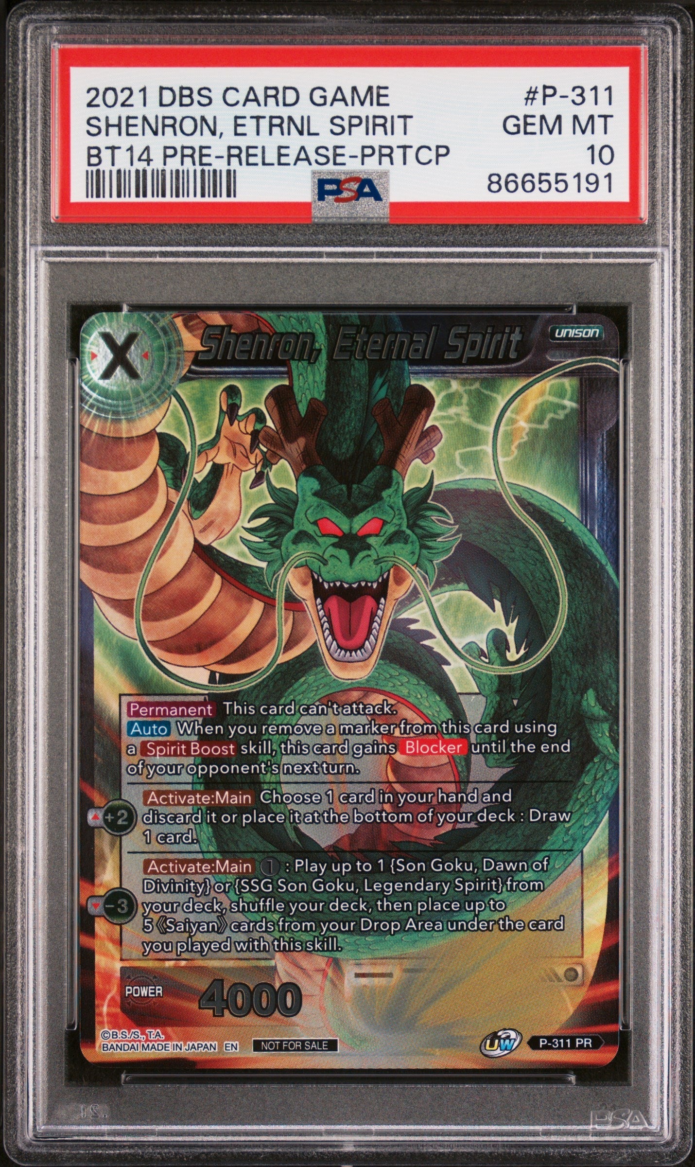 2021 DRAGON BALL SUPER CROSS SPIRITS SHENRON, ETRNL SPIRIT #P-311 - PSA 10