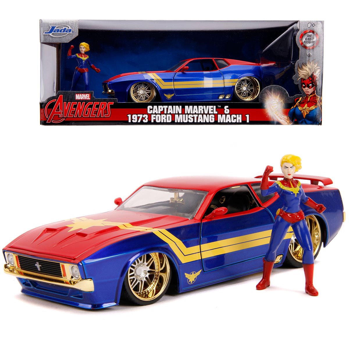 *Dent/Ding Packaging* -  Captain Marvel 1973 Ford Mustang Mach 1 Avengers 1:24 Scale Die-Cast Metal Vehicle with Figure