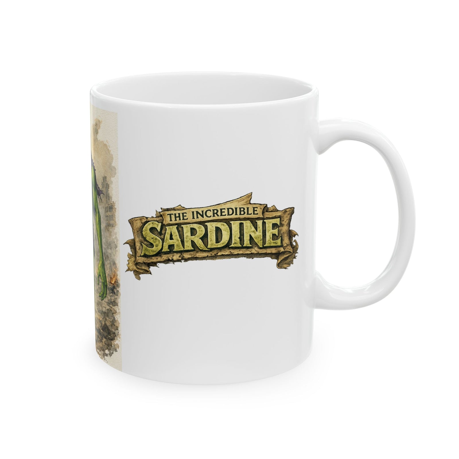 Marcus the Worm in Super Hero Form as The Incredible Sardine - Ceramic Mug, (11oz, 15oz)
