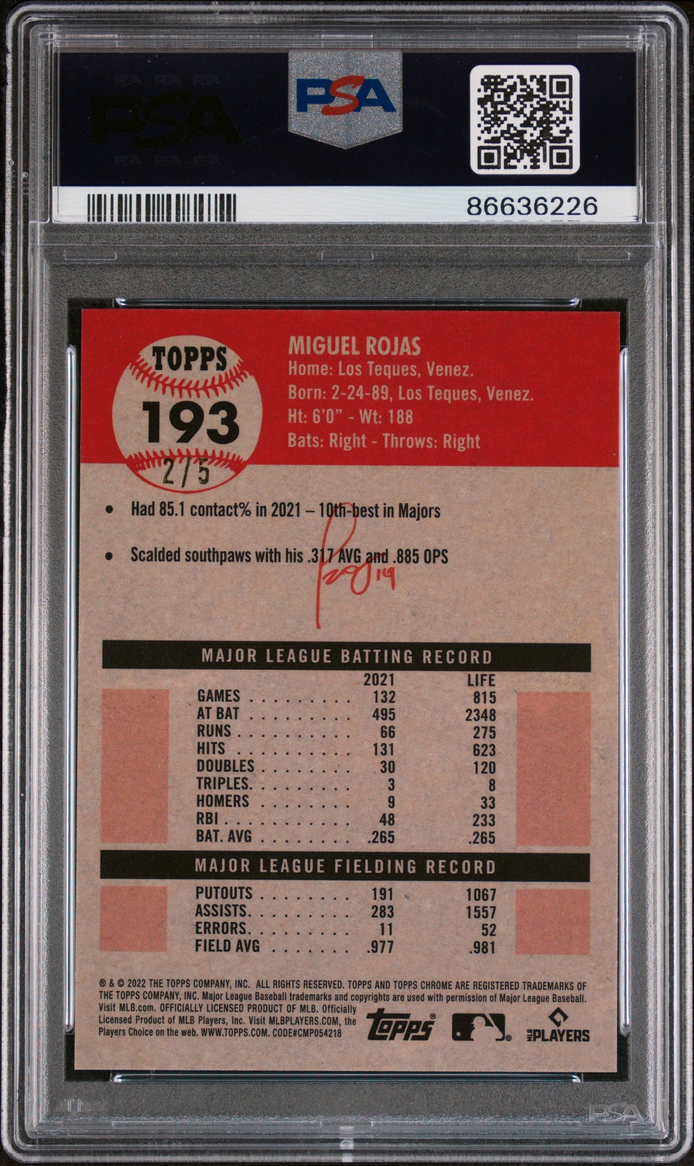 2022 TOPPS CHROME PLATINUM MIGUEL ROJAS RED REFRACTOR #193 - PSA 10