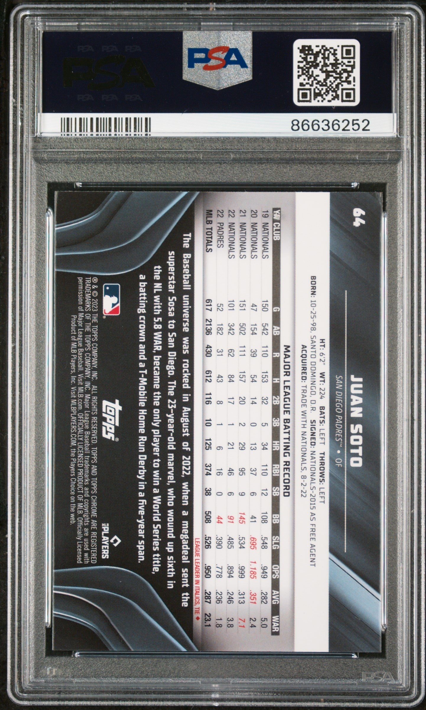 2023 TOPPS CHROME BLACK JUAN SOTO  #64 - PSA 10