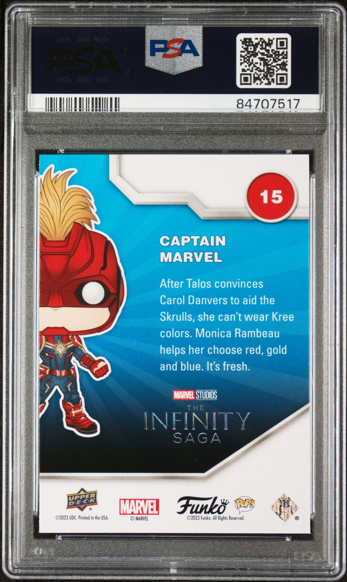 2023 UPPER DECK FUNKO POP MARVEL  CAPTAIN MARVEL PLATINUM #15  PSA 10