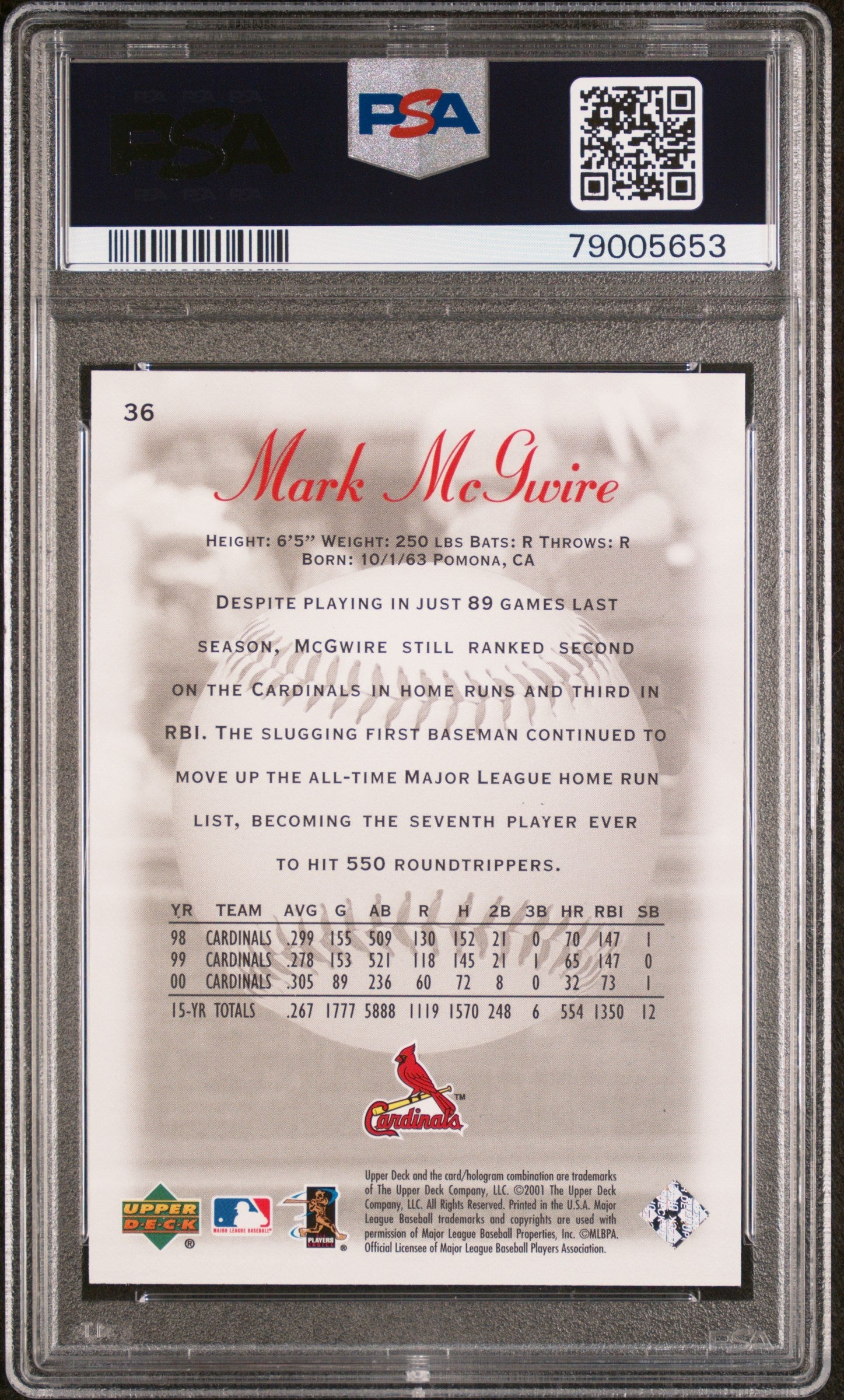 2001 UPPER DECK SWEET SPOT MARK McGWIRE  #36 - PSA 10