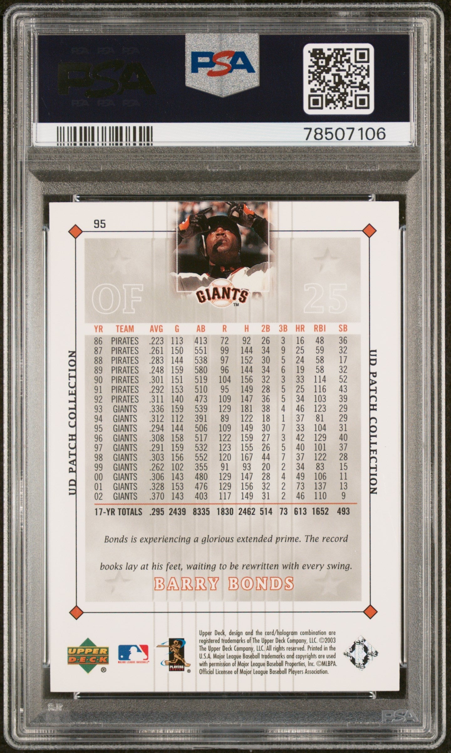 2003 UPPER DECK PATCH COLLECTION BARRY BONDS  #95 - PSA 10