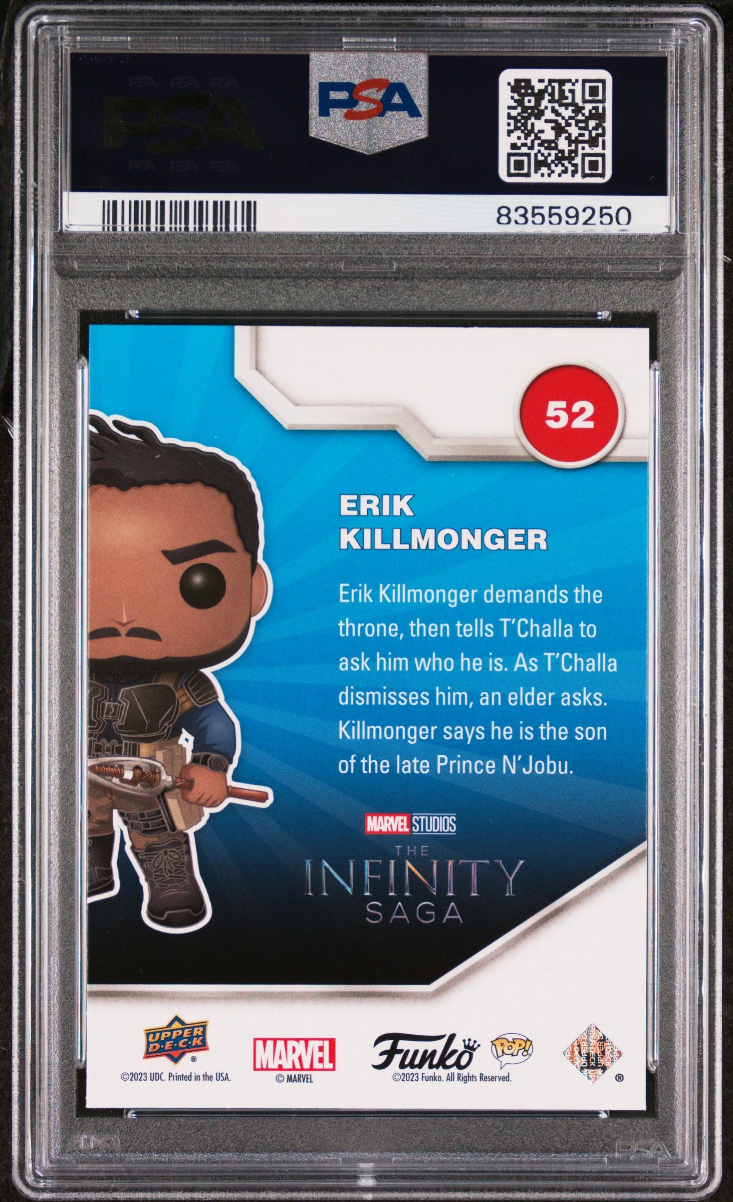 2023 UPPER DECK FUNKO POP MARVEL  ERIK KILLMONGER PLATINUM #52  PSA 10