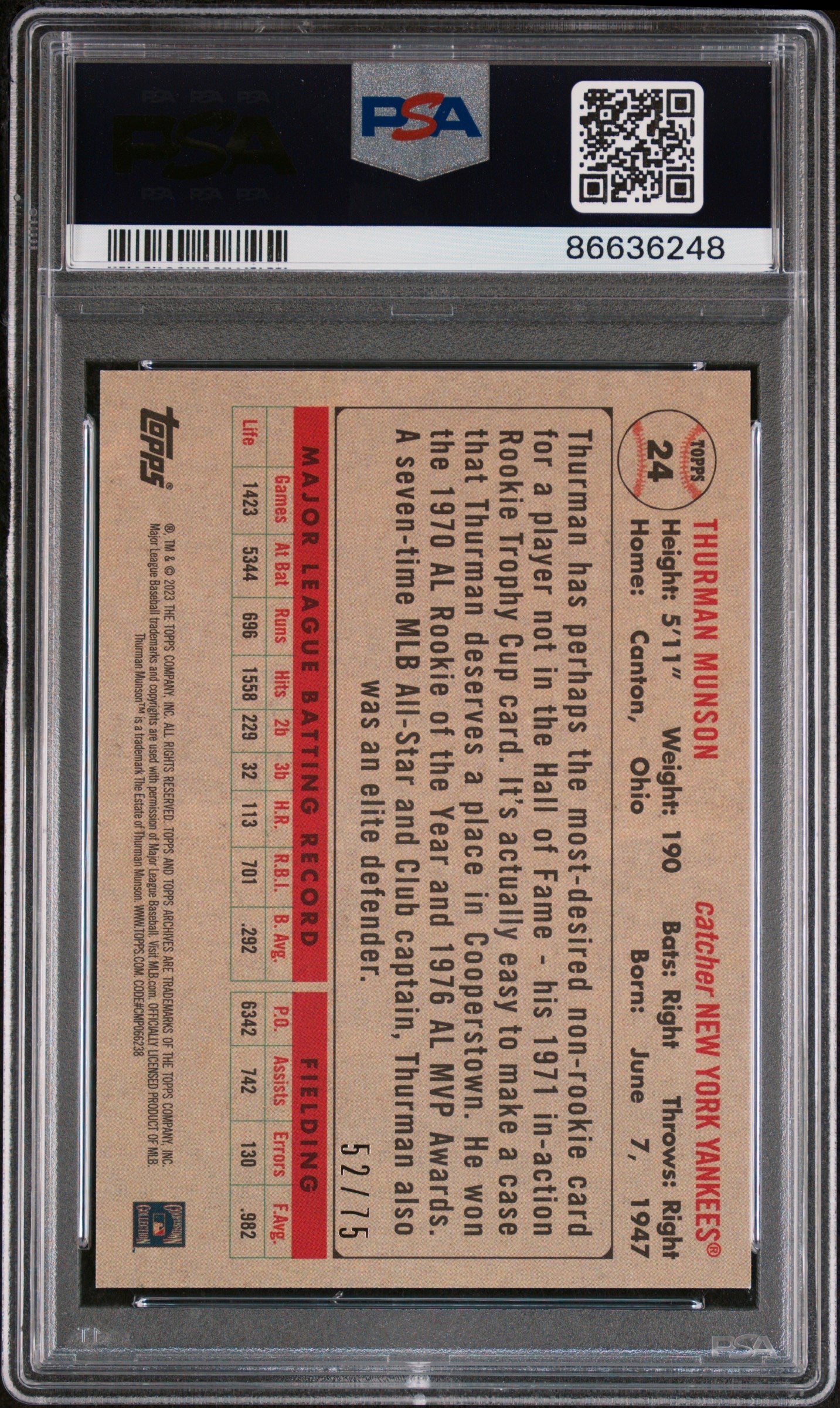 2023 TOPPS ARCHIVES THURMAN MUNSON AQUA SPARKLE FOIL #24 - PSA 10