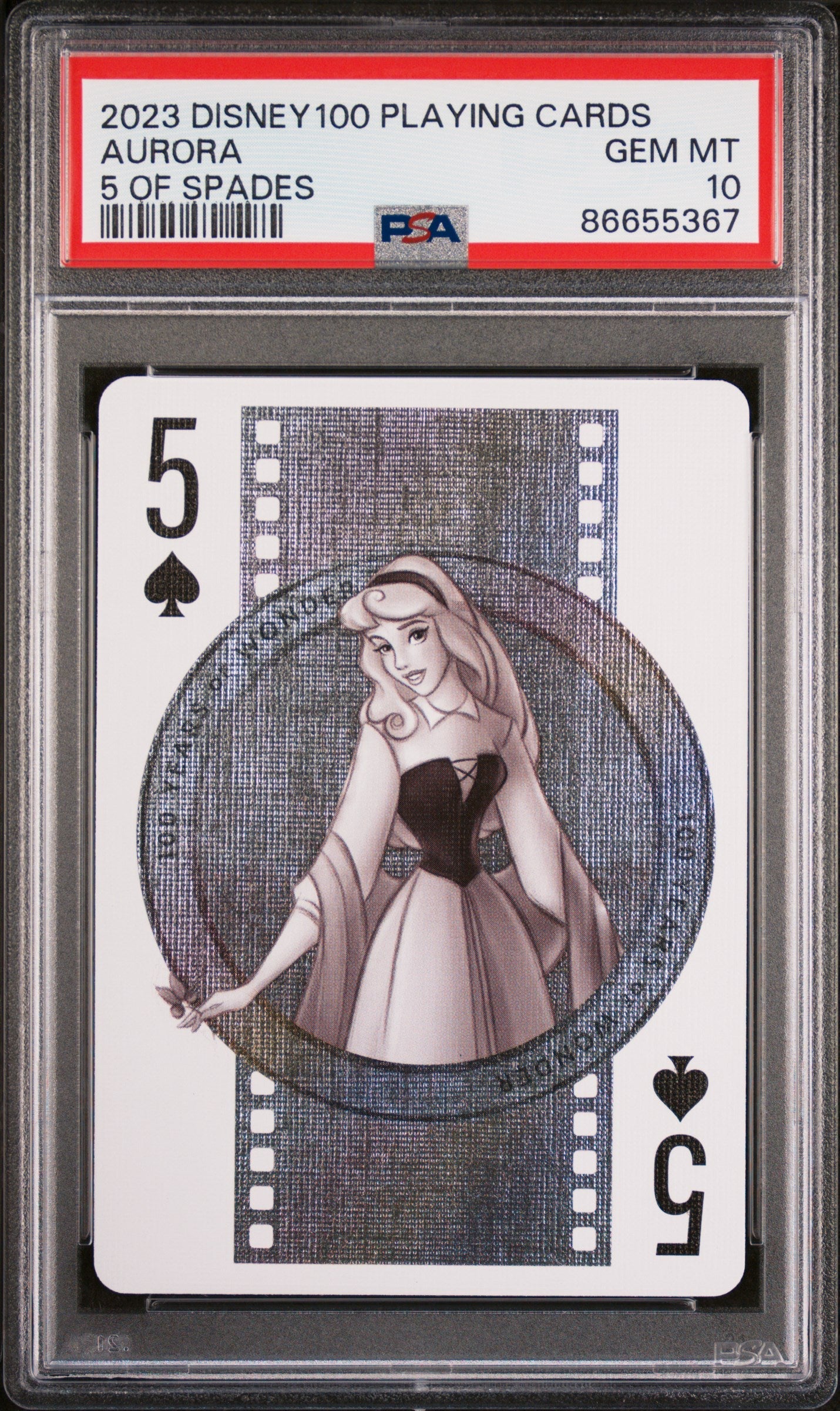2023 DISNEY 100 PLAYING CARDS AURORA 5 OF SPADES PSA 10