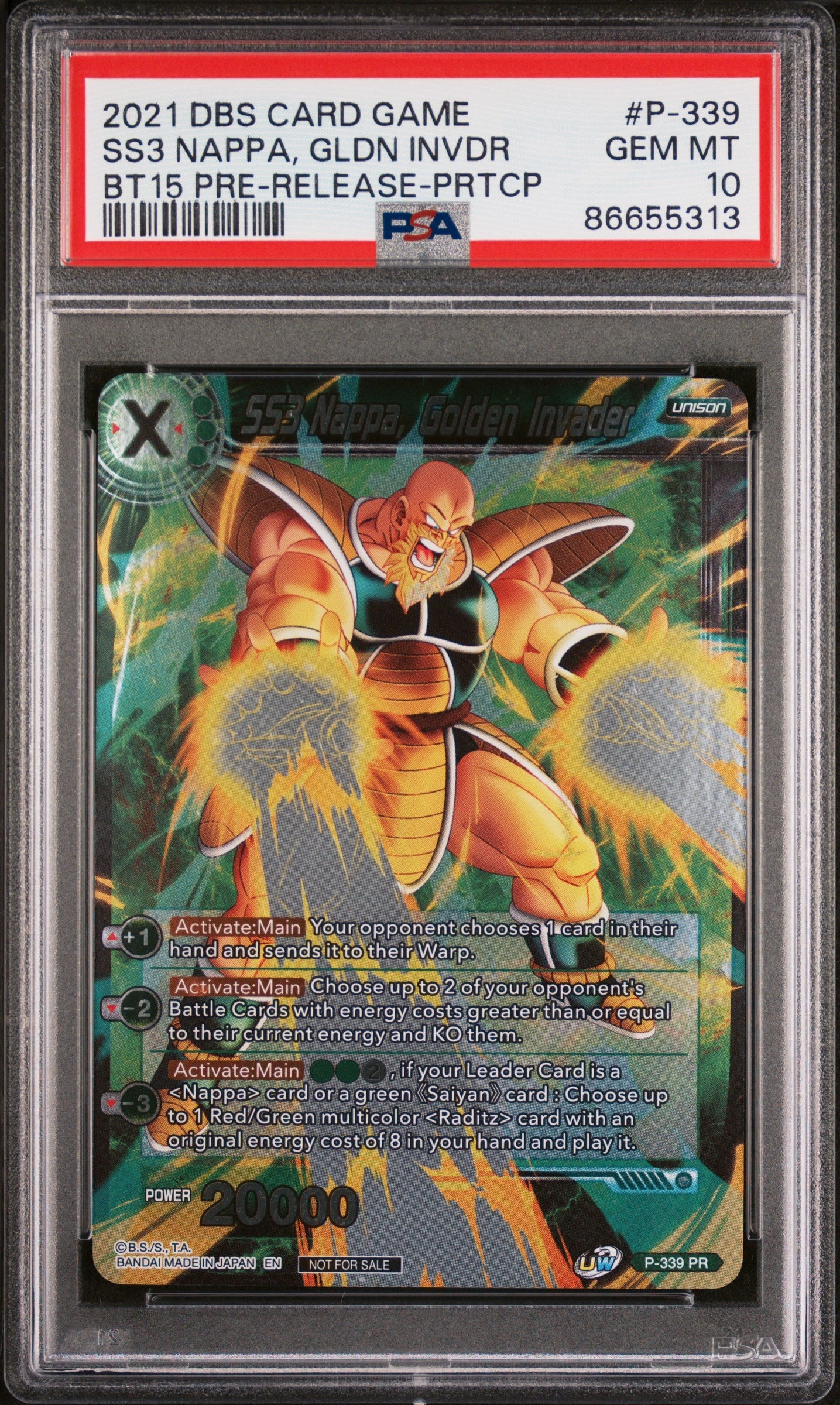 2021 DRAGON BALL SUPER 5 SAIYAN SHOWDOWN SS3 NAPPA, GLDN INVDR #P-339 - PSA 10