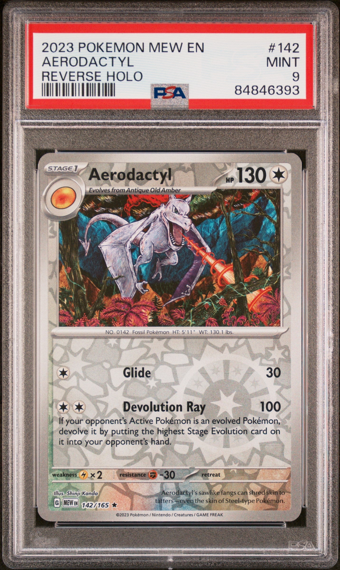 2023 POKEMON MEW EN-151 AERODACTYL REVERSE HOLO #142 - PSA 9