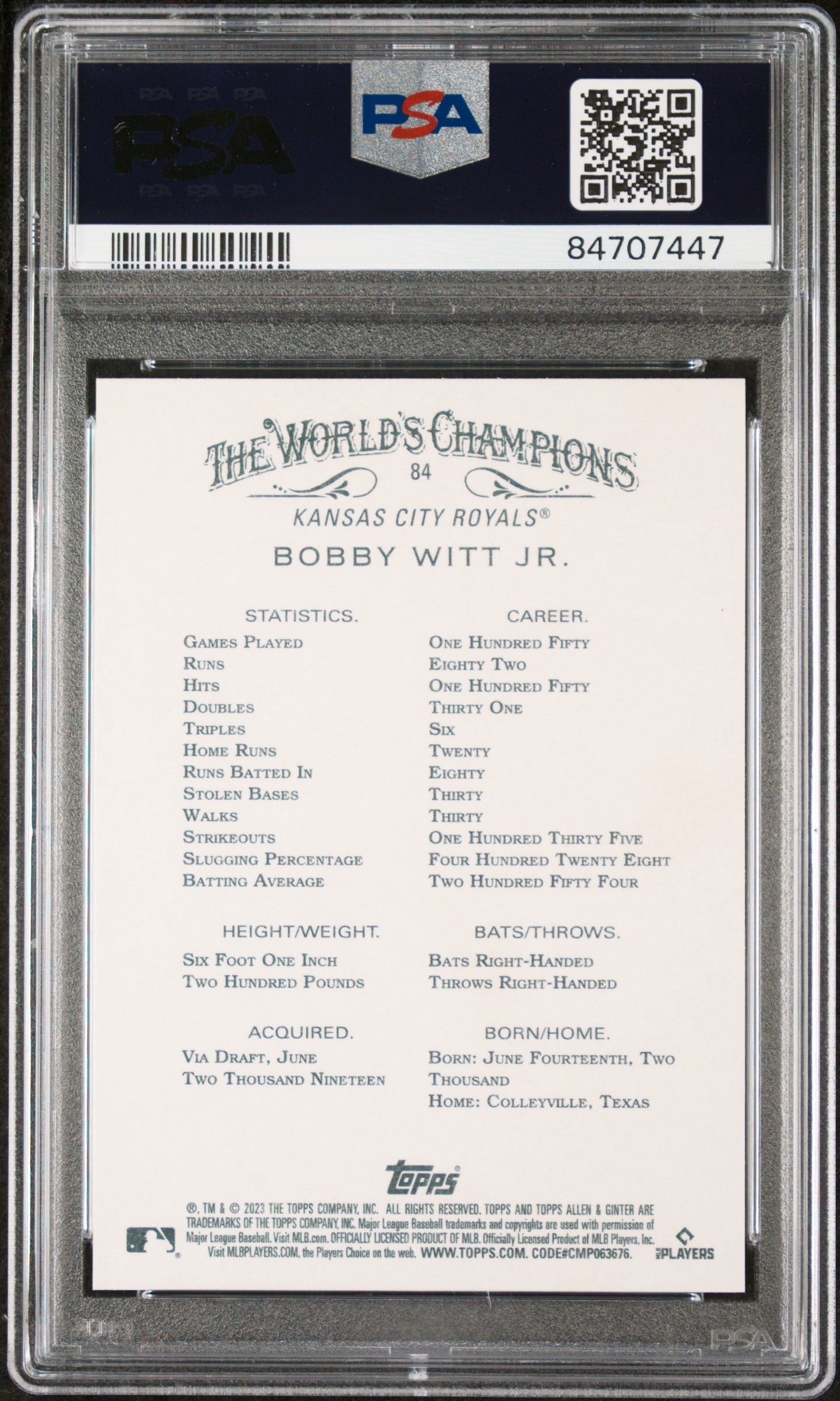 2023 TOPPS ALLEN & GINTER BOBBY WITT JR.  #84 - PSA 10