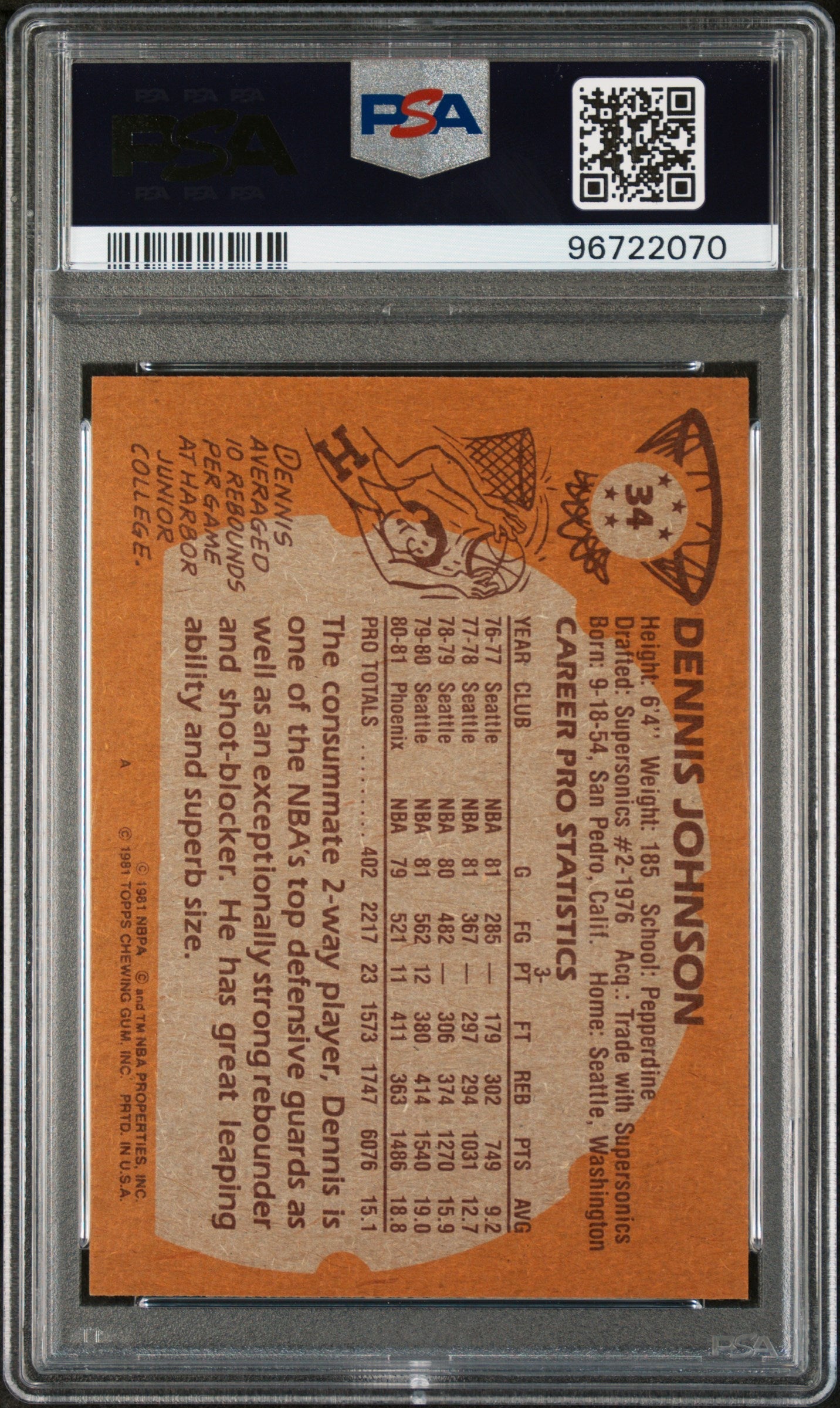 1981 TOPPS DENNIS JOHNSON  #34 - PSA 9