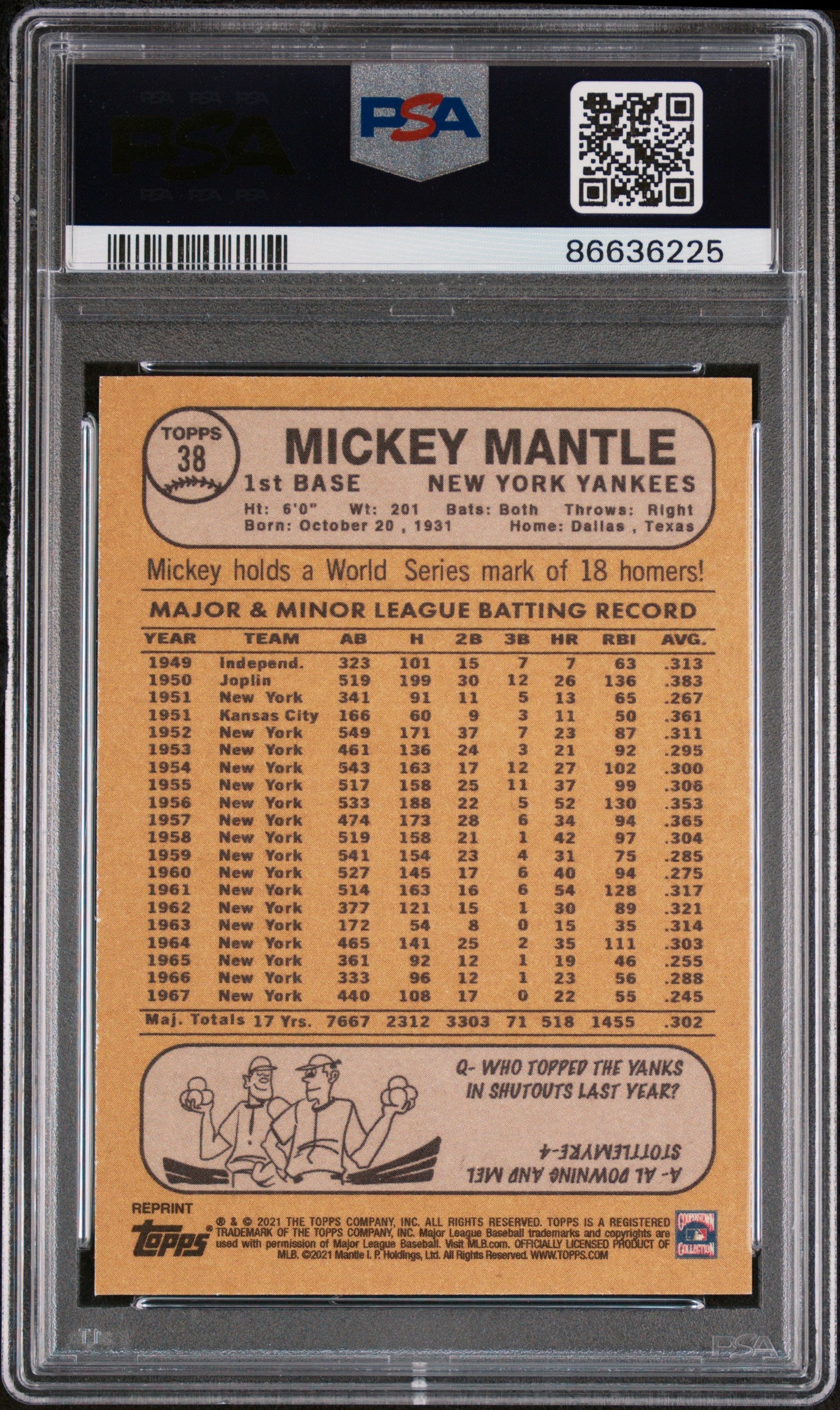 2021 TOPPS X MICKEY MANTLE COLLECTION ORANGE #38 - PSA 9