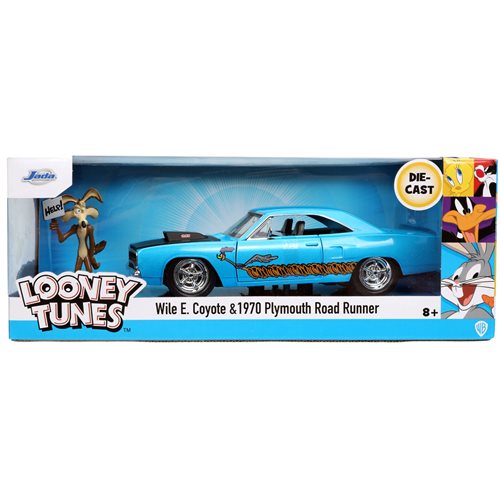 *Dent/Ding Packaging* - Looney Tunes Hollywood Rides 1970 Plymouth Road Runner 1:24 Scale Die-Cast Metal Vehicle with Wile E. Coyote Figure