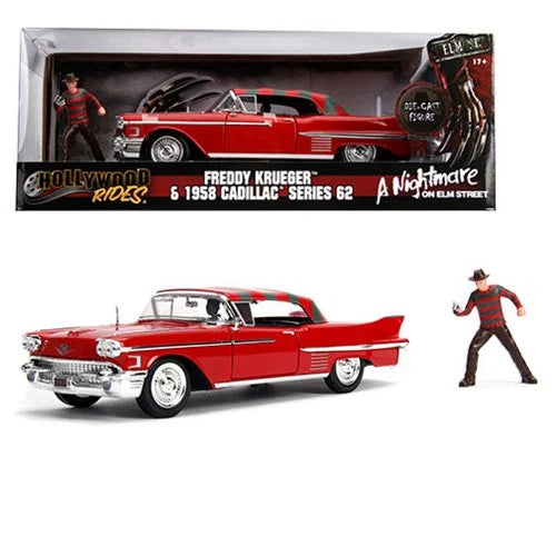 *Dent/Ding Packaging* - Hollywood Rides Nightmare on Elm Street 1958 Cadillac with Freddy Figure